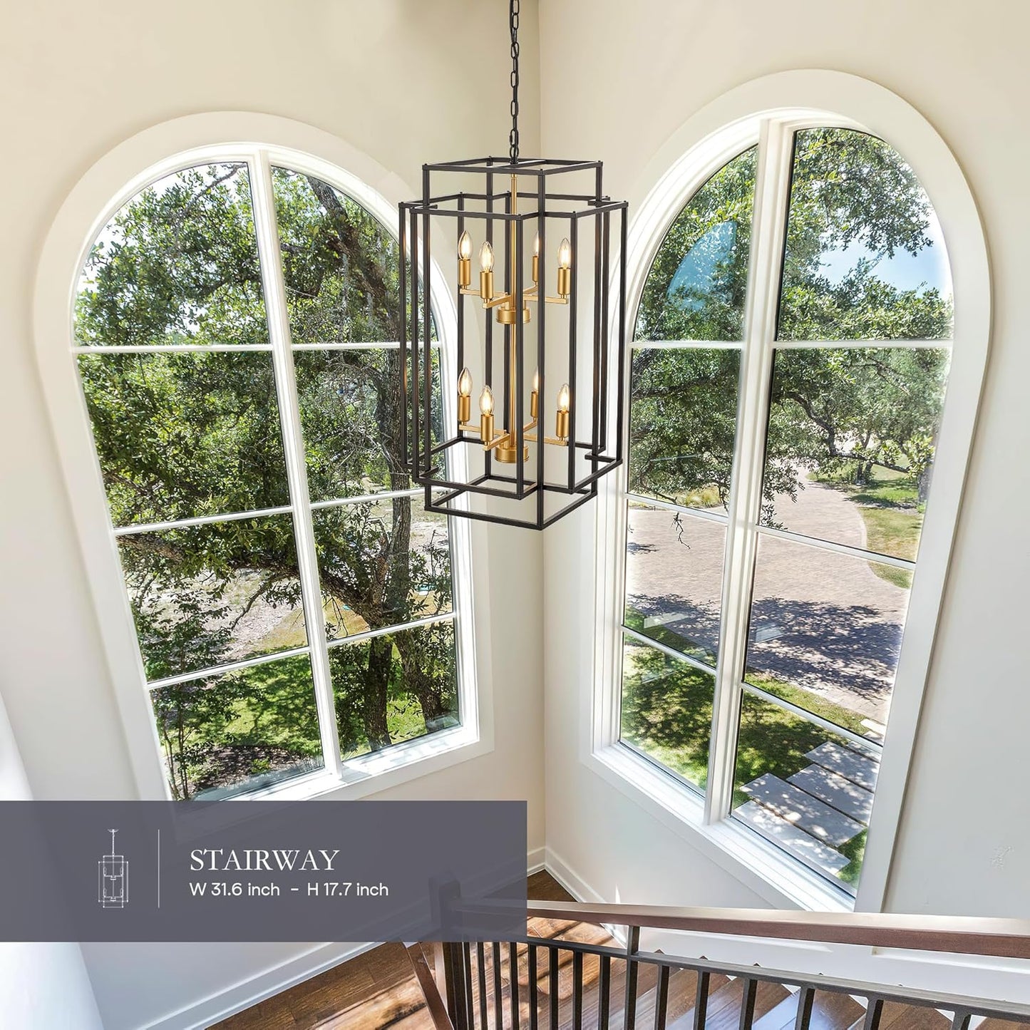8-Light Lantern Tiered Pendant Light Fixtures, Black Metal Farmhouse Chandelier Hall Foyer Hanging Chandelier for Kitchen Island Dining Room Living