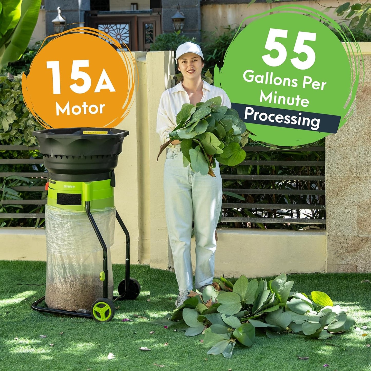 Bladeless Leaf Shredder & Mulcher | Powerful 15 Amp, 9,000RPM Motor for 18:1 Reduction Ratio