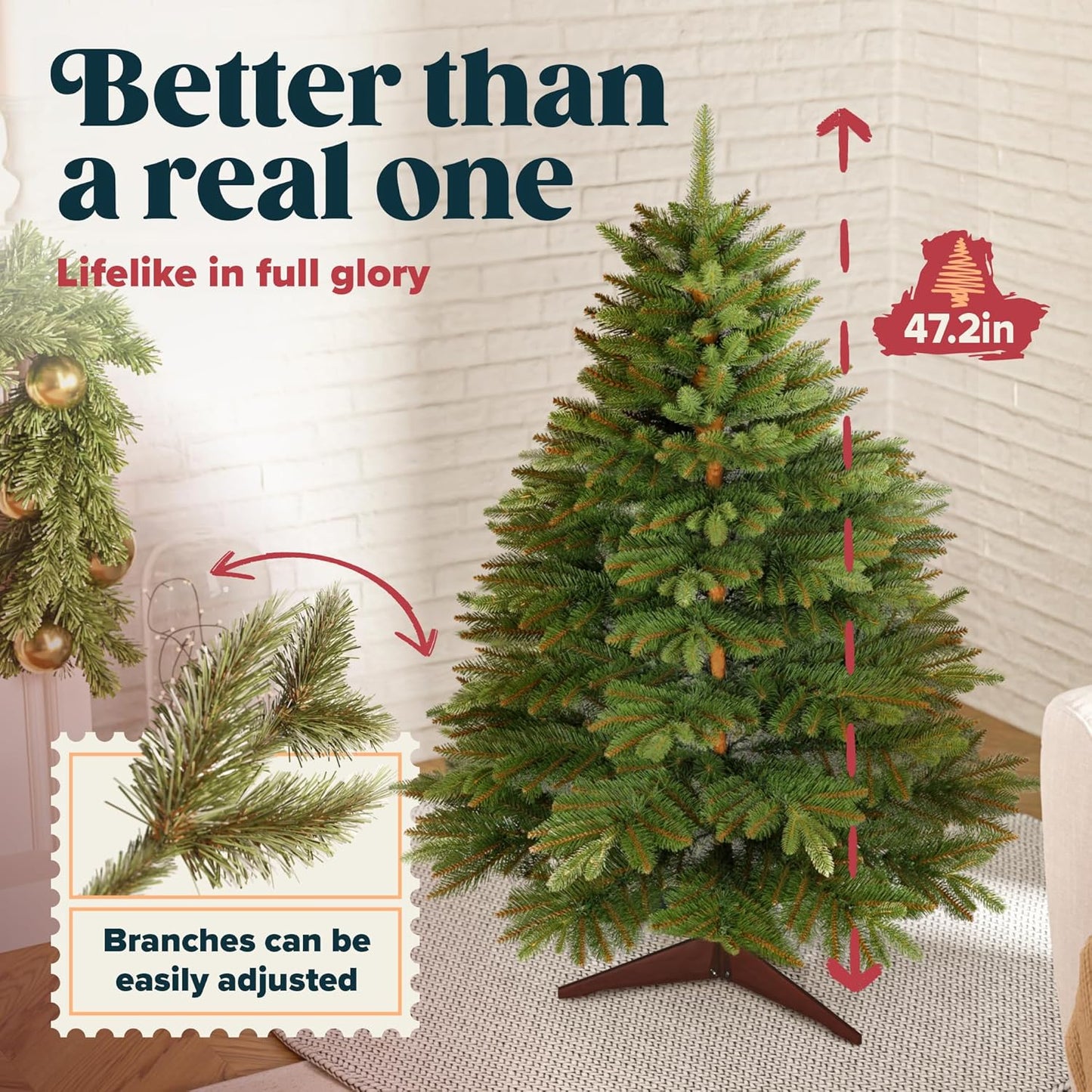 Artificial Christmas Tree 4ft - Premium Realistic Artificial Christmas Tree Looks Real Wooden Stand and Storage Bag - Xmas Tree - Artificial