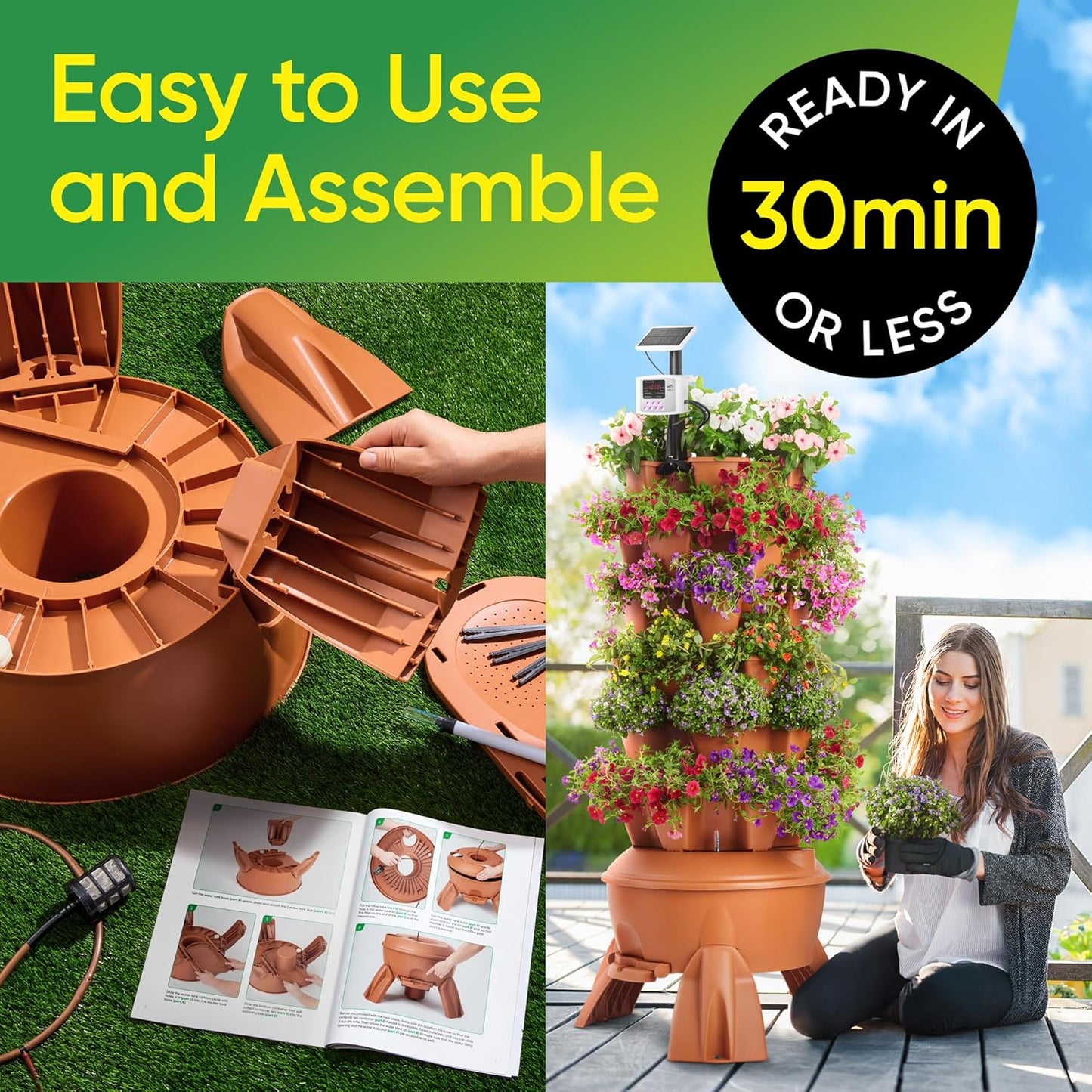 Vertical Garden Tower for Efficient Vertical Gardening 6-Tier 1.6 m x 70 cm 30 L Reservoir Self-Watering Solar-Powered System