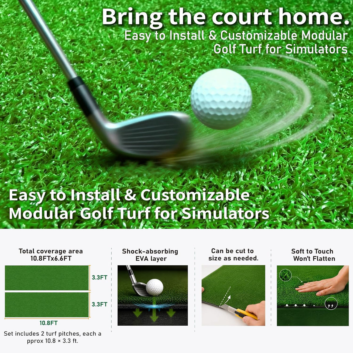 8mm High Golf Simulator Turf Mat with 3mm EVA Cushioned Backing, Dual Layer Golf Hitting Turf for Driving, Chipping, Putting, Practice Mat for Indoor Simulator Backyard, 10x6FT Total Coverage
