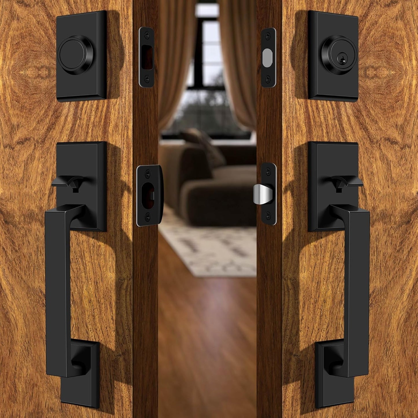 Double Front Door Lock Set, Matte Black Square Front Door Hardware Set, Heavy Duty Door Handle