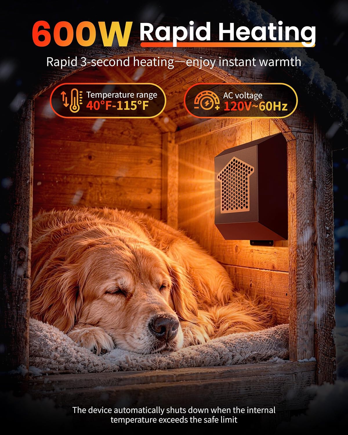 Dog House Heater 600W, Wall-Mounted Heater with WiFi & Timer for Pet House