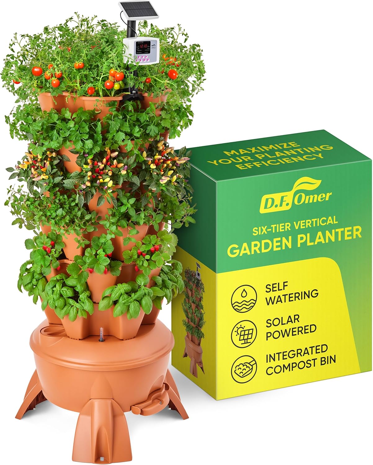 Vertical Garden Tower for Efficient Vertical Gardening 6-Tier 1.6 m x 70 cm 30 L Reservoir Self-Watering Solar-Powered System