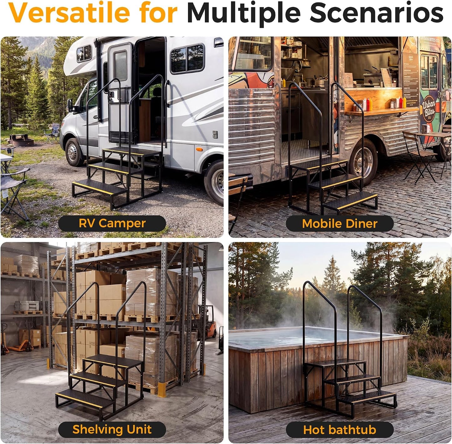 CAMMOO 3-Step RV Steps with Wheels, Per Step 1000LBS Capacity, 304 Stainless Steel Bolts at All Critical Joints, Anti-Slip Treads Entry Steps for Travel Trailer Hot Tub Pool Porch Mobile Home Camper