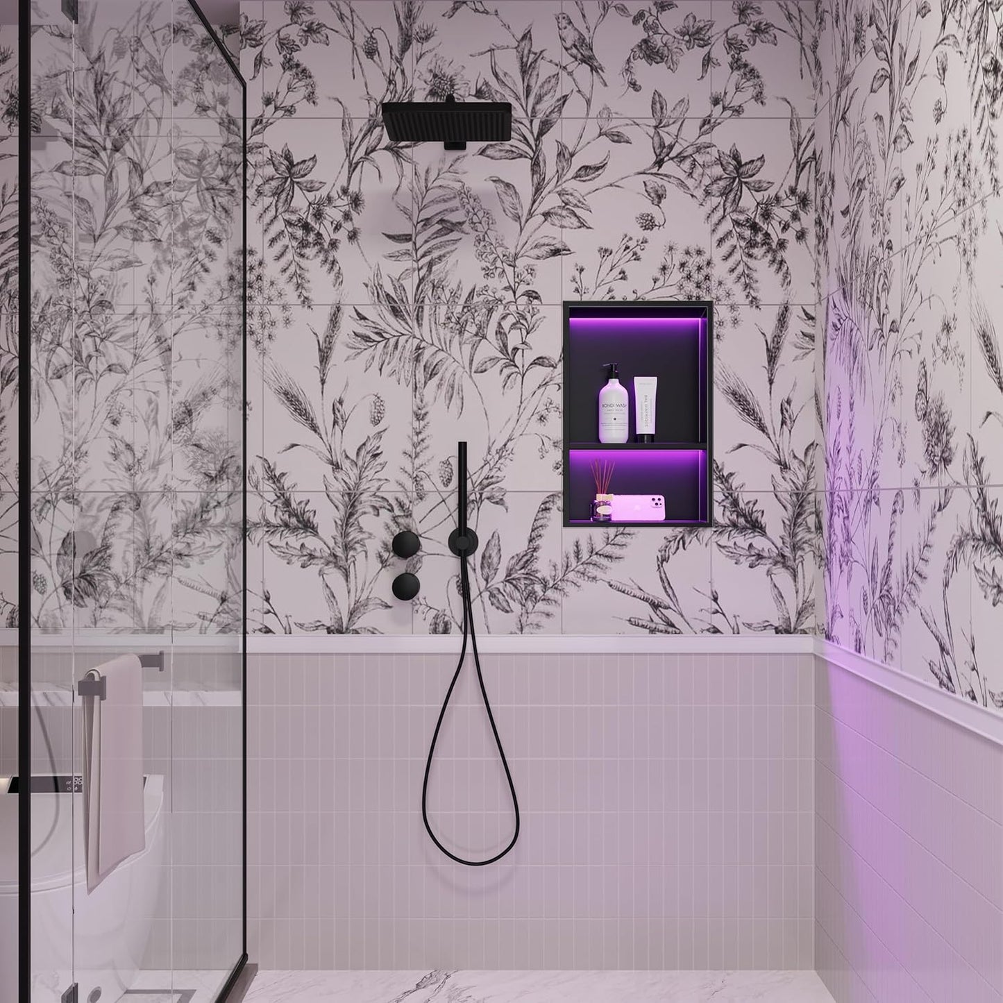 Qeke Stainless Steel Shower Niche 12" X 18", No Tile Needed Wall Niche with RGB Led Light, Recessed Niche Shower f