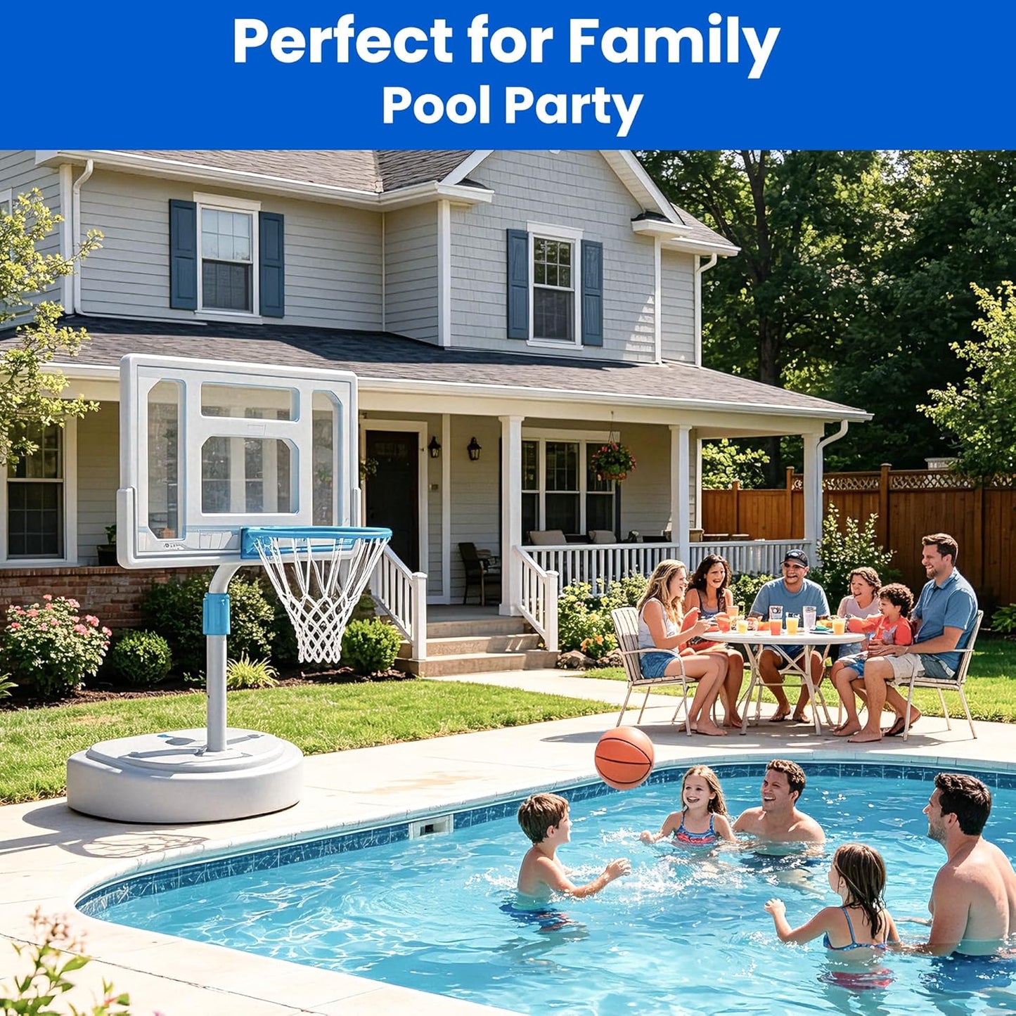 Pool Basketball Hoop (Includes 2 Balls and Pump), Stainless Steel Outdoor Pool Basketball Goal with Clear Backboard, Adjustable Height, Portable for Backyard, Family & Poolside Games
