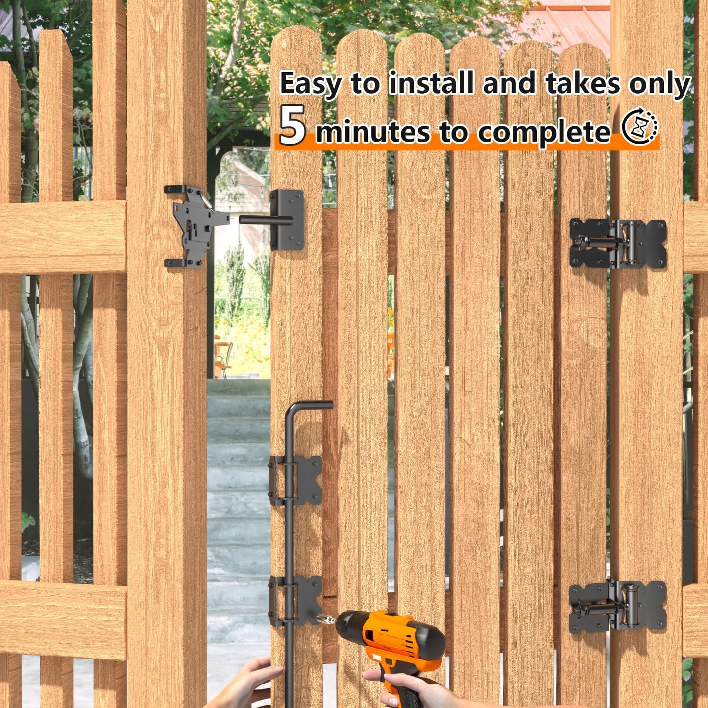SANKEYTEW Self Closing Fence Gate Hinges, Latch, 24.01" Drop Rod - Easy to Install, Black Plastic Spraying - Extra-Thick Rod for Wood, Vinyl,