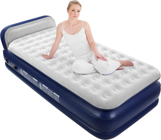 KMZ Air Mattress with Headboard Twin XL Size – Built-in Electric Pump Comfort-Plush Enhanced Coil Technology Mattress for Home, Travel & Camping -