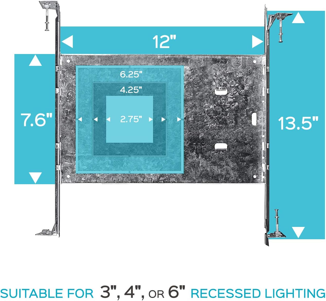 Luxrite New Construction Mounting Plate, 3-4-6 Inch Square LED Recessed Lighting Kits, Extendable Hanger Bars, ETL Listed - Shallow Recessed Light Housing (6 Pack)