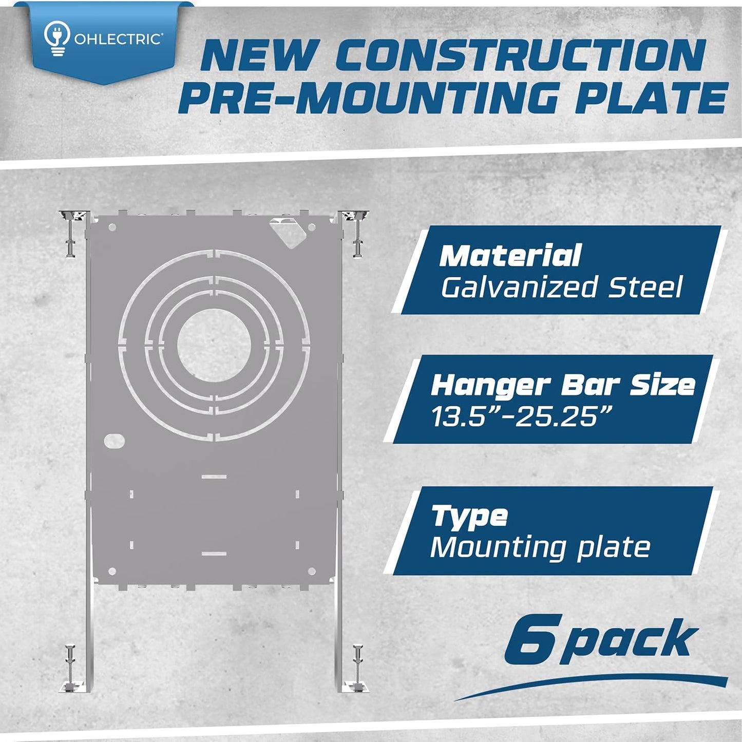 OHLECTRIC Recessed Light Mounting Plate, Rough-in Plates. Multi-Size 2” 3” 3.½” 4” Adjustable Symmetric Holes - Recessed LED Rough-in Bracket. Extendable Hanger Bars from 13” - 25”. (6 Pack)