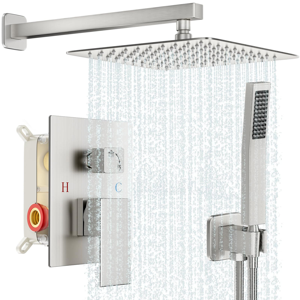 Shower Faucet Set Bathroom Square Rain Shower Head and Handle Set, Wall Mounted Shower Fixtures With Shower Valve and Trim Kit 12 inch Brushed Nickel Brushed Nickel 12 Inch Wall Mount
