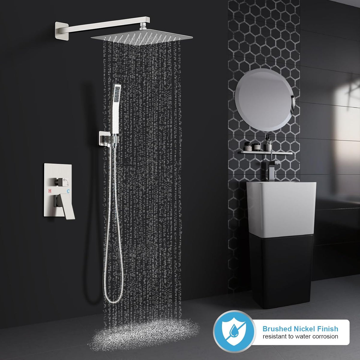 Shower Faucet Set Bathroom Square Rain Shower Head and Handle Set, Wall Mounted Shower Fixtures With Shower Valve and Trim Kit 12 inch Brushed Nickel Brushed Nickel 12 Inch Wall Mount