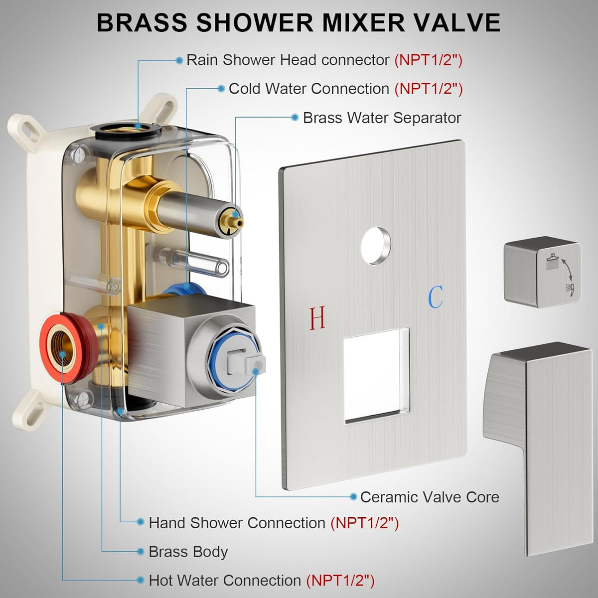 Shower Faucet Set Bathroom Square Rain Shower Head and Handle Set, Wall Mounted Shower Fixtures With Shower Valve and Trim Kit 12 inch Brushed Nickel Brushed Nickel 12 Inch Wall Mount