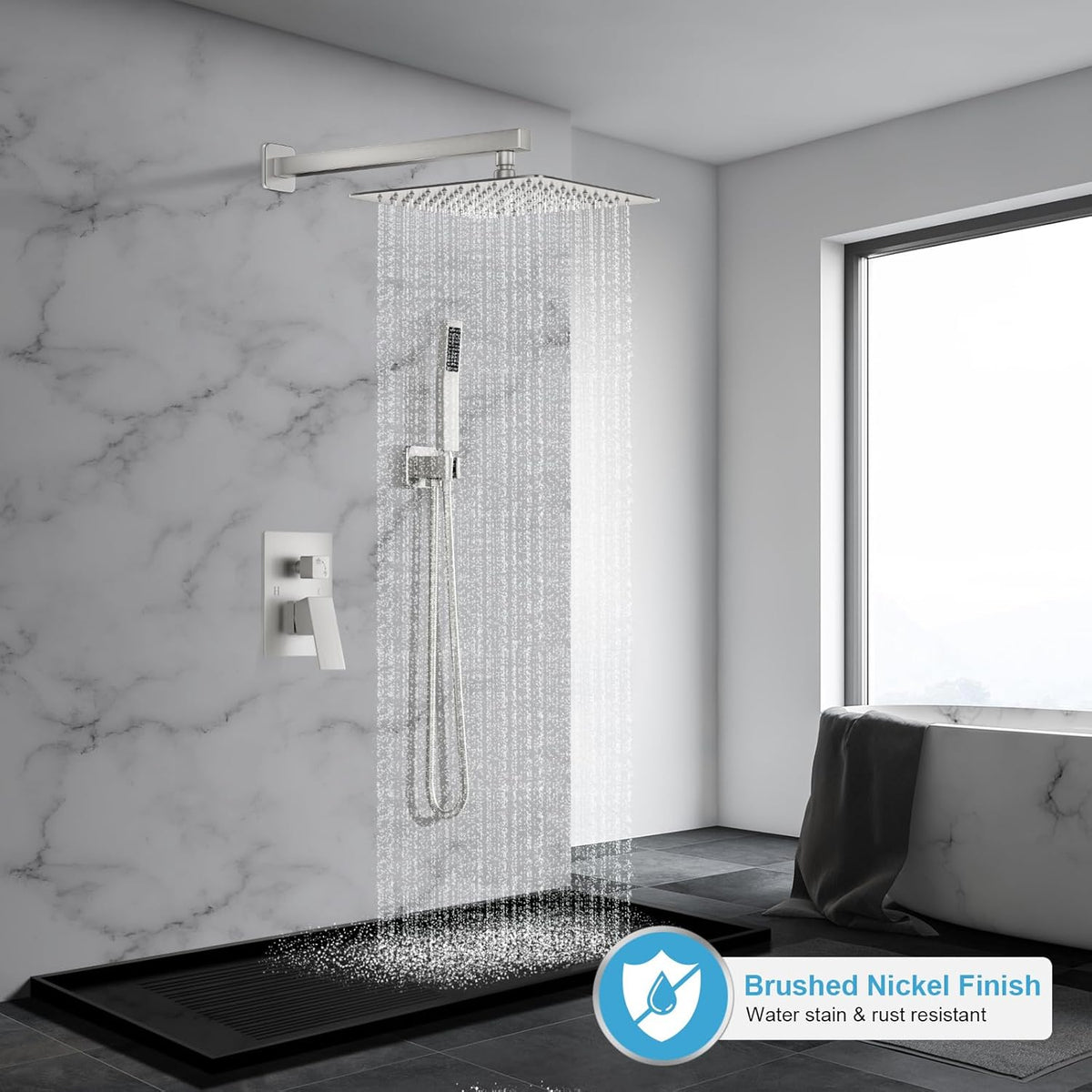 Shower Faucet Set Bathroom Square Rain Shower Head and Handle Set, Wall Mounted Shower Fixtures With Shower Valve and Trim Kit 12 inch Brushed Nickel Brushed Nickel 12 Inch Wall Mount