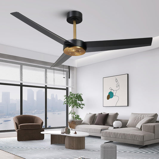 LEEAGLEGRY 52" Ceiling Fan with no Light,3 Blades/6-speed/Timer/Quiet DC Motor,Indoor/Outdoor for Bedroom,Living Room,Kitchen,Outdoor,Patio,Porch,Black and Gold