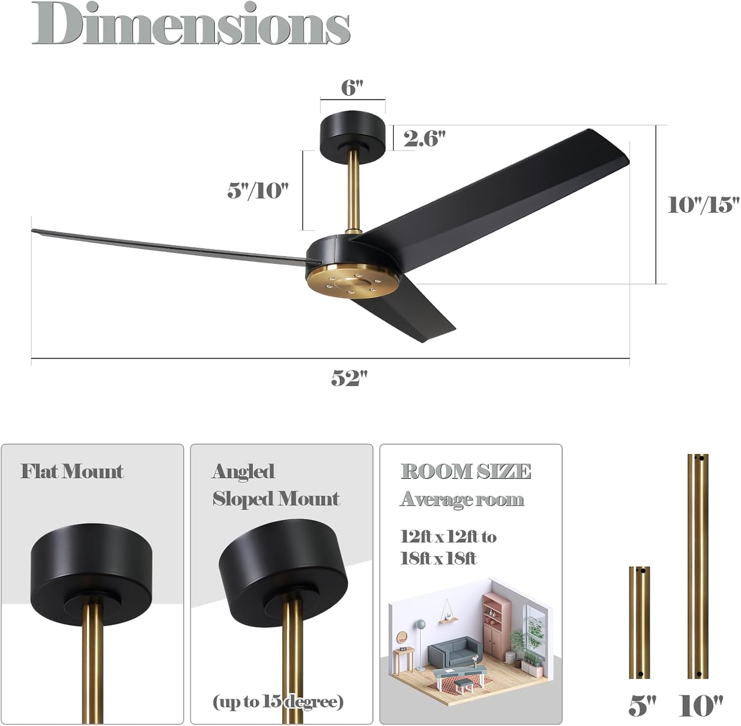 LEEAGLEGRY 52" Ceiling Fan with no Light,3 Blades/6-speed/Timer/Quiet DC Motor,Indoor/Outdoor for Bedroom,Living Room,Kitchen,Outdoor,Patio,Porch,Black and Gold