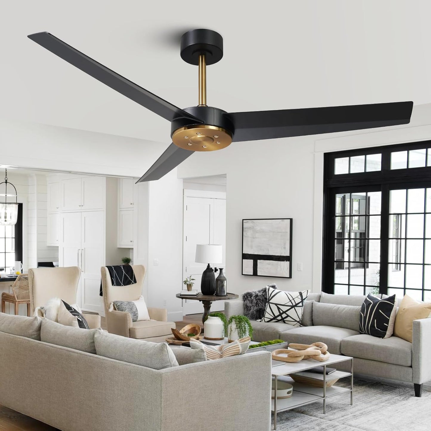 LEEAGLEGRY 52" Ceiling Fan with no Light,3 Blades/6-speed/Timer/Quiet DC Motor,Indoor/Outdoor for Bedroom,Living Room,Kitchen,Outdoor,Patio,Porch,Black and Gold