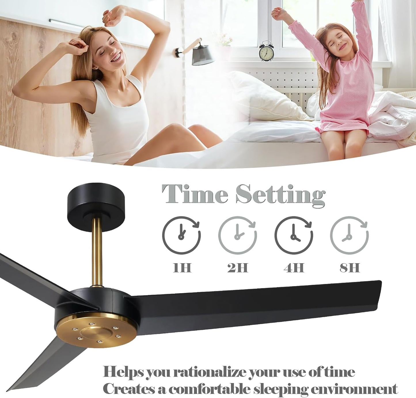 LEEAGLEGRY 52" Ceiling Fan with no Light,3 Blades/6-speed/Timer/Quiet DC Motor,Indoor/Outdoor for Bedroom,Living Room,Kitchen,Outdoor,Patio,Porch,Black and Gold
