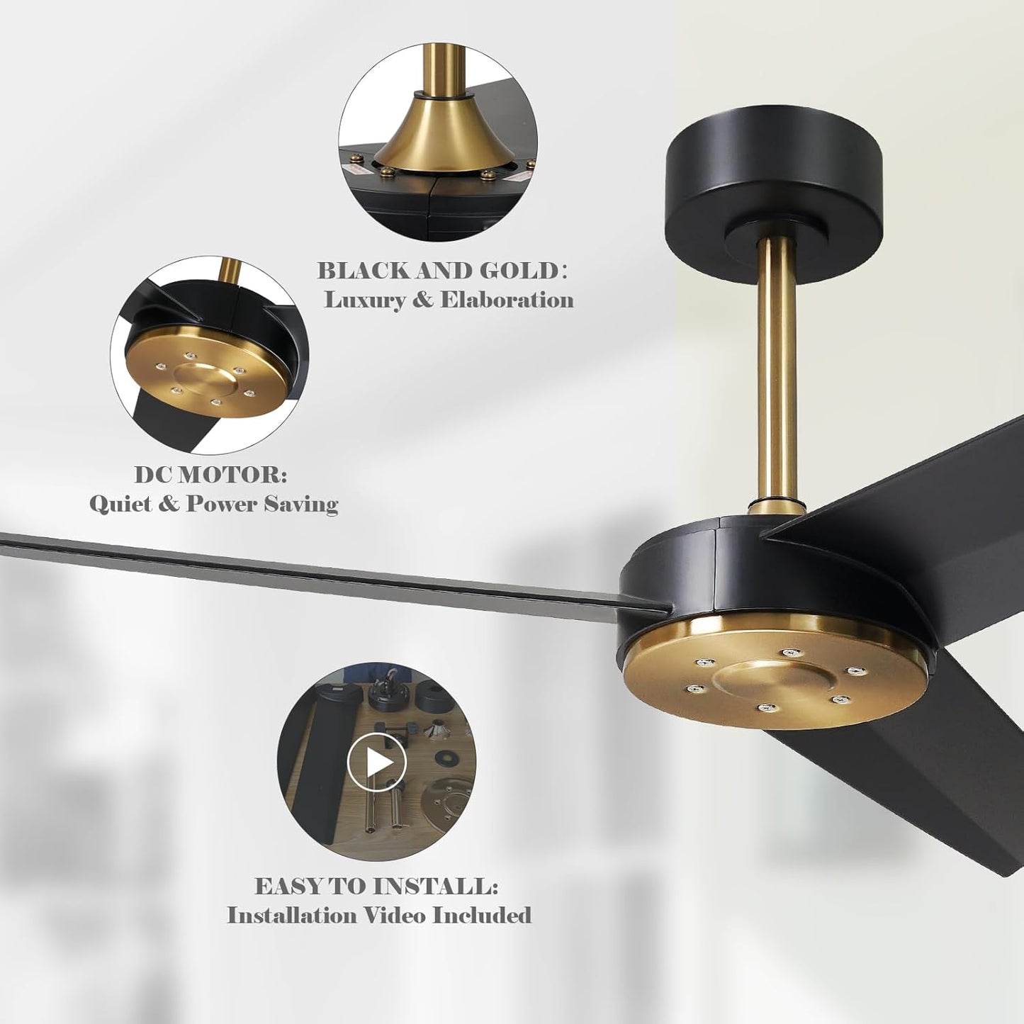 LEEAGLEGRY 52" Ceiling Fan with no Light,3 Blades/6-speed/Timer/Quiet DC Motor,Indoor/Outdoor for Bedroom,Living Room,Kitchen,Outdoor,Patio,Porch,Black and Gold