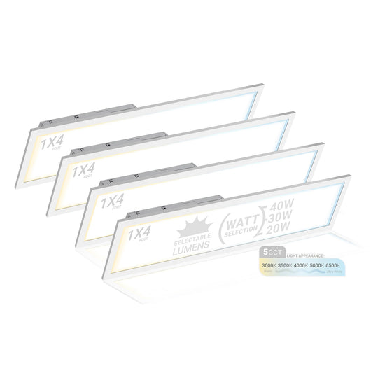 NUWATT 4 Pack 1x4 LED Drop Ceiling Flat Panel Troffer Light, Wattage & Color Selectable 40W/30W/20W, CCT 3000K/3500K/4000K/5000K/6500K, 4400LM, 0-10V Dimmable Backlit Fixture, 120V-277V, ETL Listed
