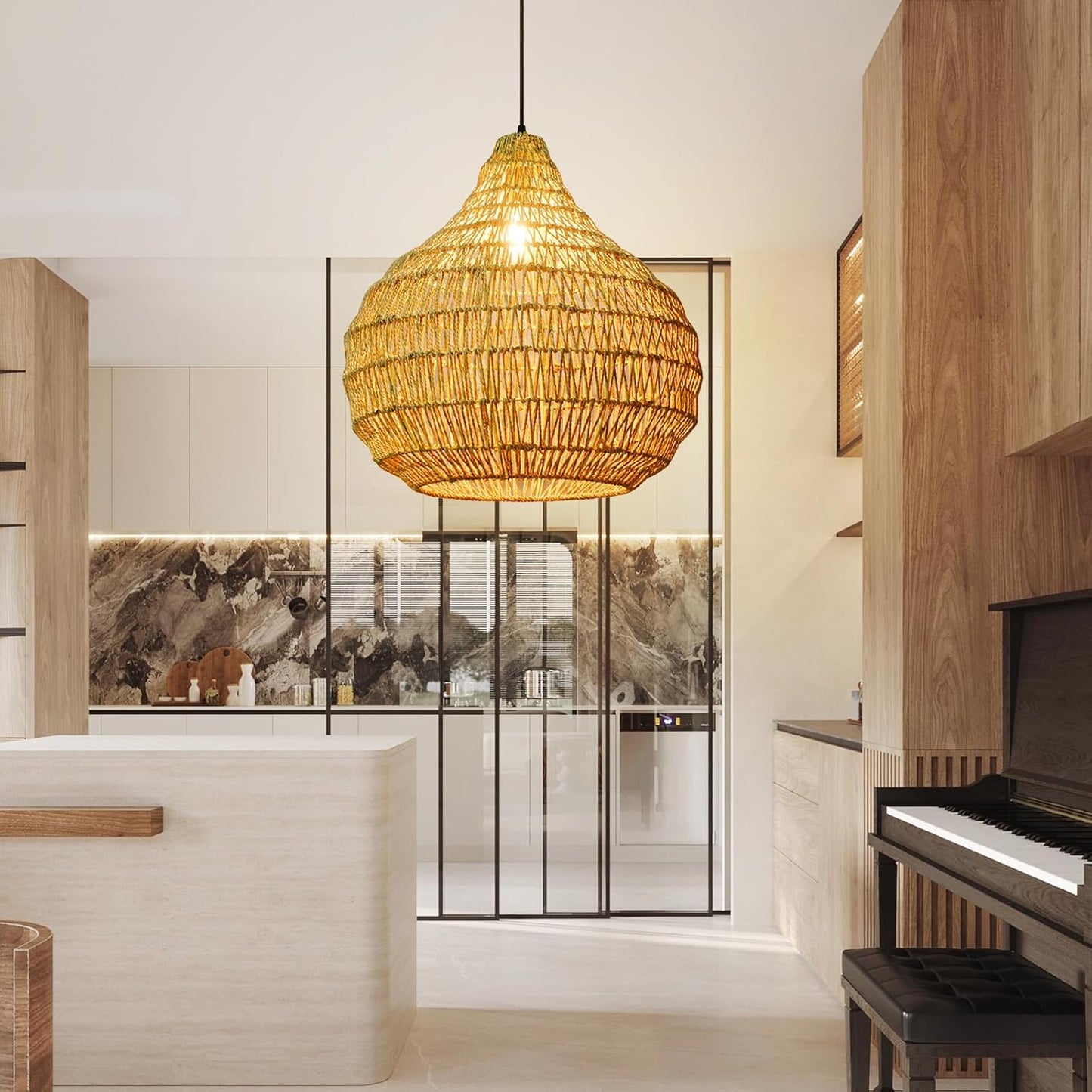 Arturesthome Rattan Pendant Light Fixture, Wicker Chandelier Boho Basket Lampshade Ceiling Lighting, Natural Woven Hanging Lamp Shade for Kitchen Island Dining Room