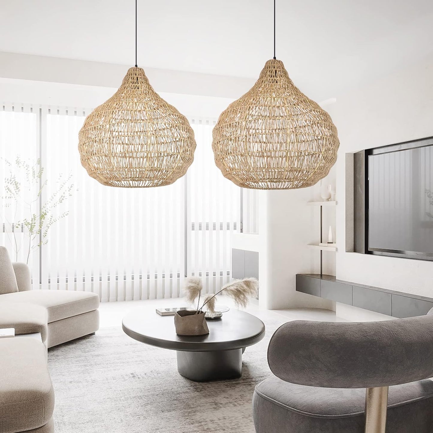 Arturesthome Rattan Pendant Light Fixture, Wicker Chandelier Boho Basket Lampshade Ceiling Lighting, Natural Woven Hanging Lamp Shade for Kitchen Island Dining Room