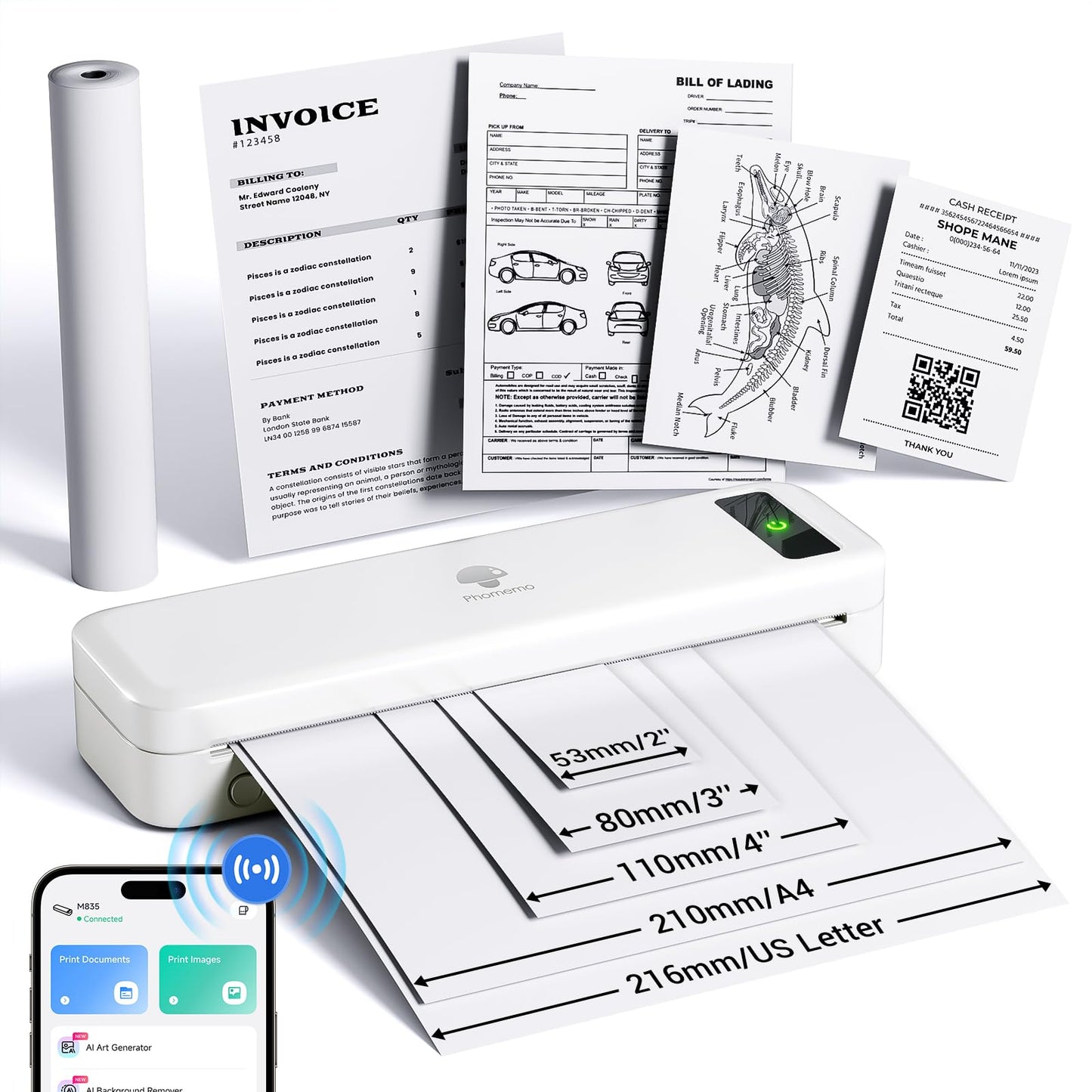 Phomemo Portable Wireless Travel Printer M835, Inkless Thermal Mobile Printer, Bluetooth Support, A4/8.5" Thermal Paper Roll, Compact Compatible with iOS&Android