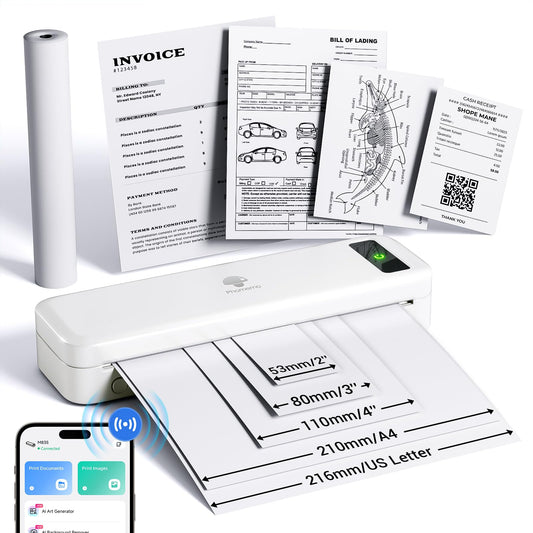 Phomemo Portable Wireless Travel Printer M835, Inkless Thermal Mobile Printer, Bluetooth Support, A4/8.5" Thermal Paper Roll, Compact Compatible with iOS&Android