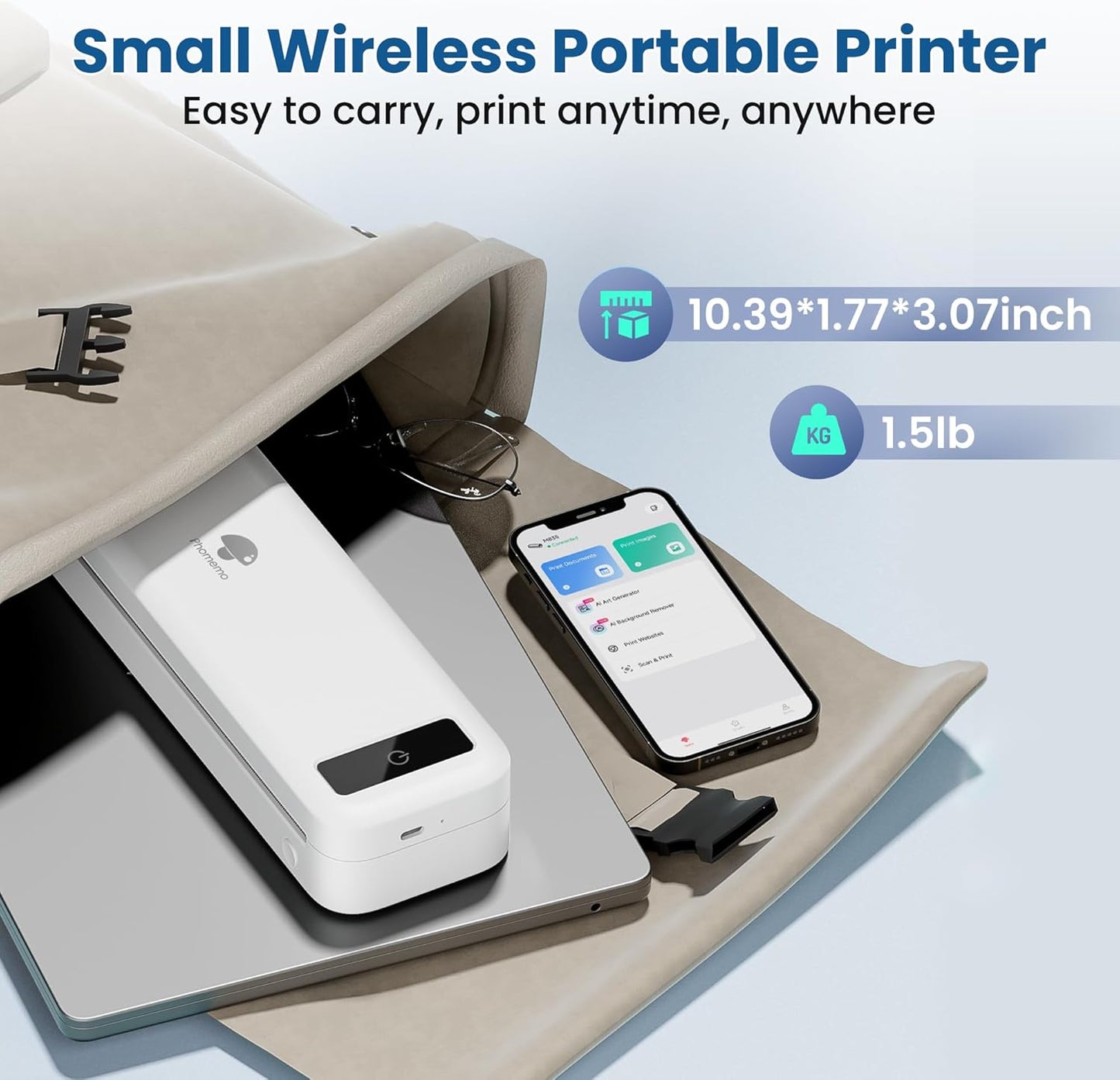 Phomemo Portable Wireless Travel Printer M835, Inkless Thermal Mobile Printer, Bluetooth Support, A4/8.5" Thermal Paper Roll, Compact Compatible with iOS&Android