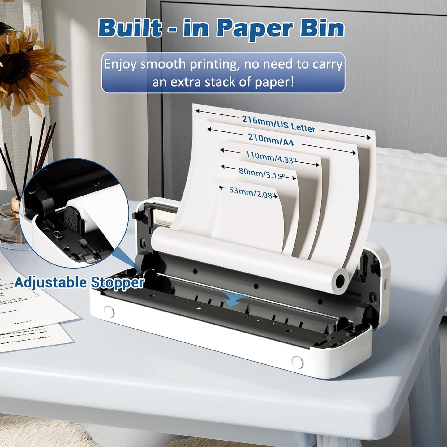Phomemo Portable Wireless Travel Printer M835, Inkless Thermal Mobile Printer, Bluetooth Support, A4/8.5" Thermal Paper Roll, Compact Compatible with iOS&Android