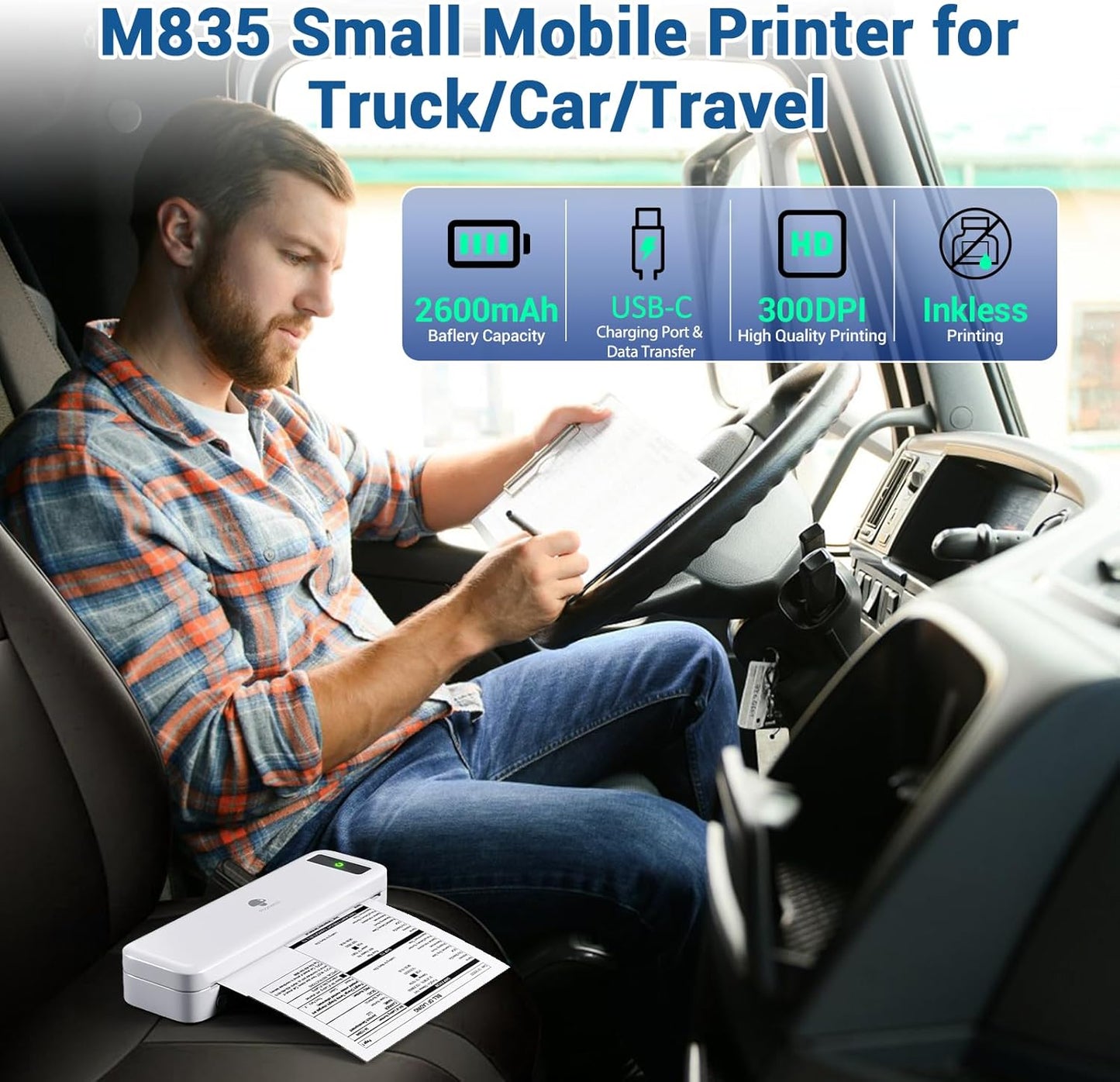 Phomemo Portable Wireless Travel Printer M835, Inkless Thermal Mobile Printer, Bluetooth Support, A4/8.5" Thermal Paper Roll, Compact Compatible with iOS&Android