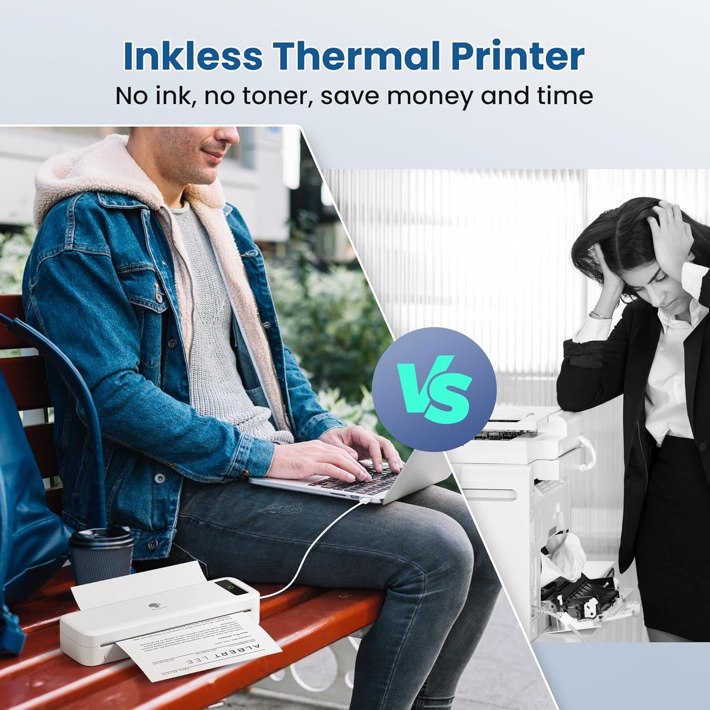 Phomemo Portable Wireless Travel Printer M835, Inkless Thermal Mobile Printer, Bluetooth Support, A4/8.5" Thermal Paper Roll, Compact Compatible with iOS&Android