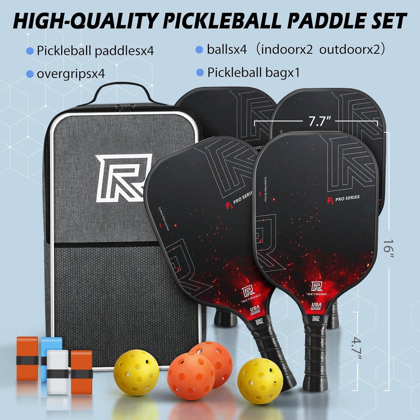 T-300 Carbon Fiber Pickleball Paddles Set of 4 USAPA Certified with Spin Texture, set of 4.
