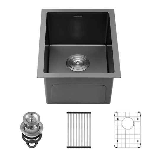 Black Wet Bar Sink Undermount 14 x 18 inch, PVD Nano Stainless Steel Kitchen Sink Single Bowl, RV Outdoor Prep Basin with Drain Strainer, Bottom Rise Grid, Roll-up Drying Unit, Dark Grey Gunmetal Black 14 x 18 Undermount