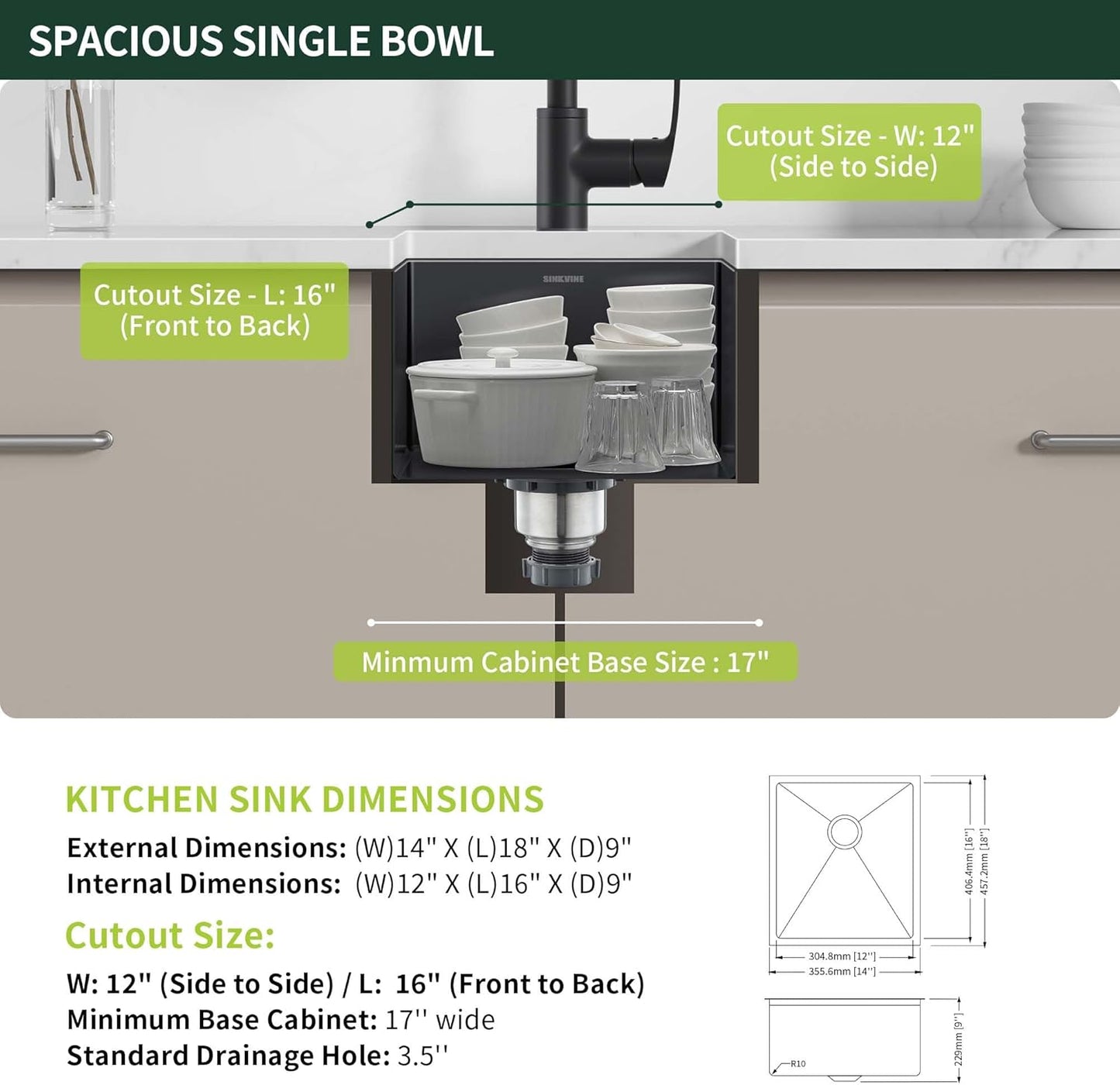 Black Wet Bar Sink Undermount 14 x 18 inch, PVD Nano Stainless Steel Kitchen Sink Single Bowl, RV Outdoor Prep Basin with Drain Strainer, Bottom Rise Grid, Roll-up Drying Unit, Dark Grey Gunmetal Black 14 x 18 Undermount