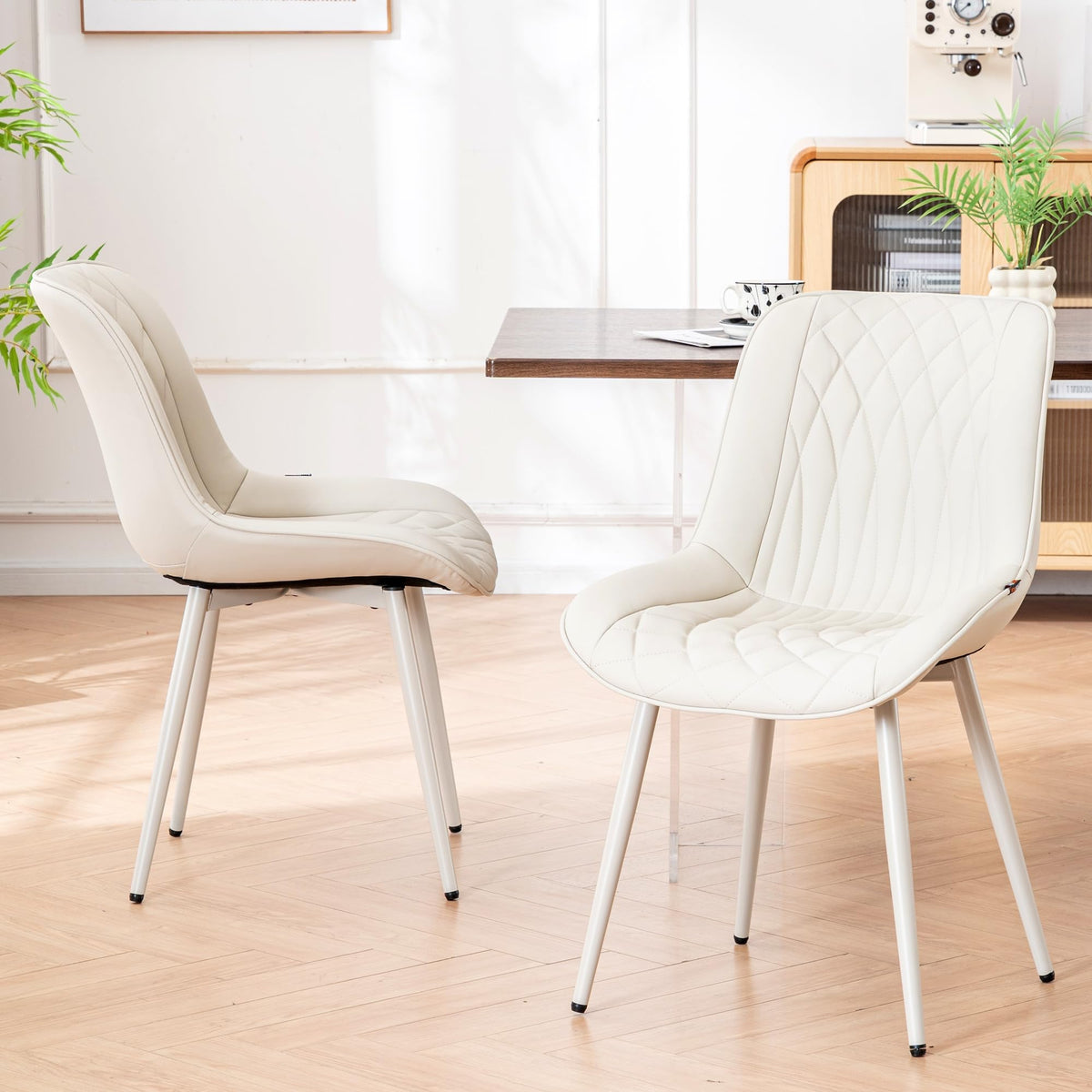 YOUNIKE Dining Chair, 1 each, with High Backs Mid Century Modern Kitchen & Dining Room Chairs Faux Leather Upholstered Wide Accent Chair Comfortable Padded Living Waiting Room Chair Cream All Cream Modern