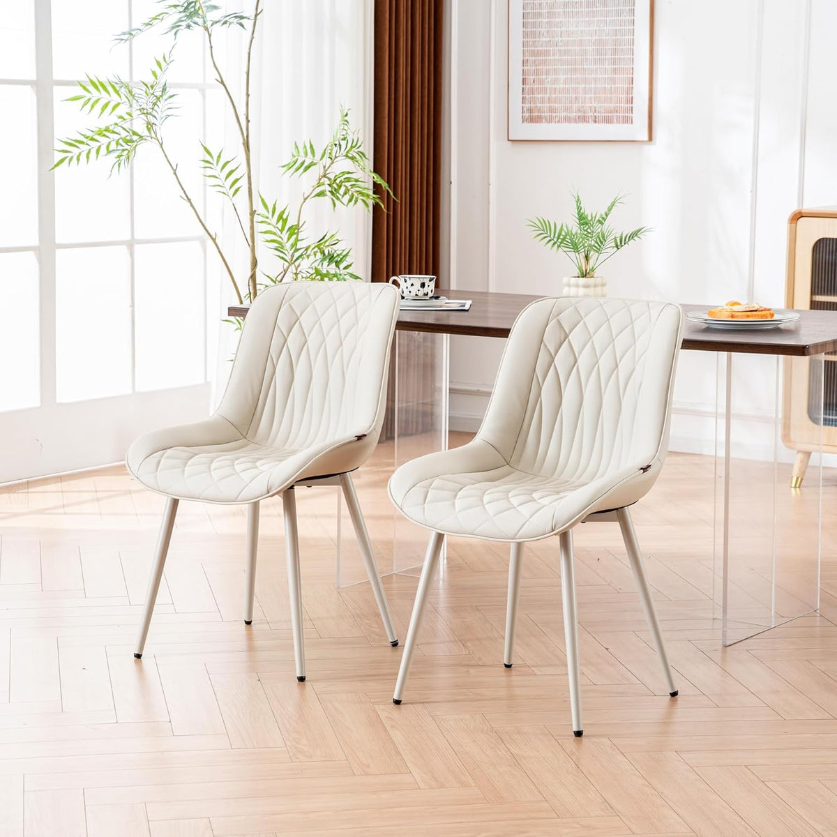 YOUNIKE Dining Chair, 1 each, with High Backs Mid Century Modern Kitchen & Dining Room Chairs Faux Leather Upholstered Wide Accent Chair Comfortable Padded Living Waiting Room Chair Cream All Cream Modern