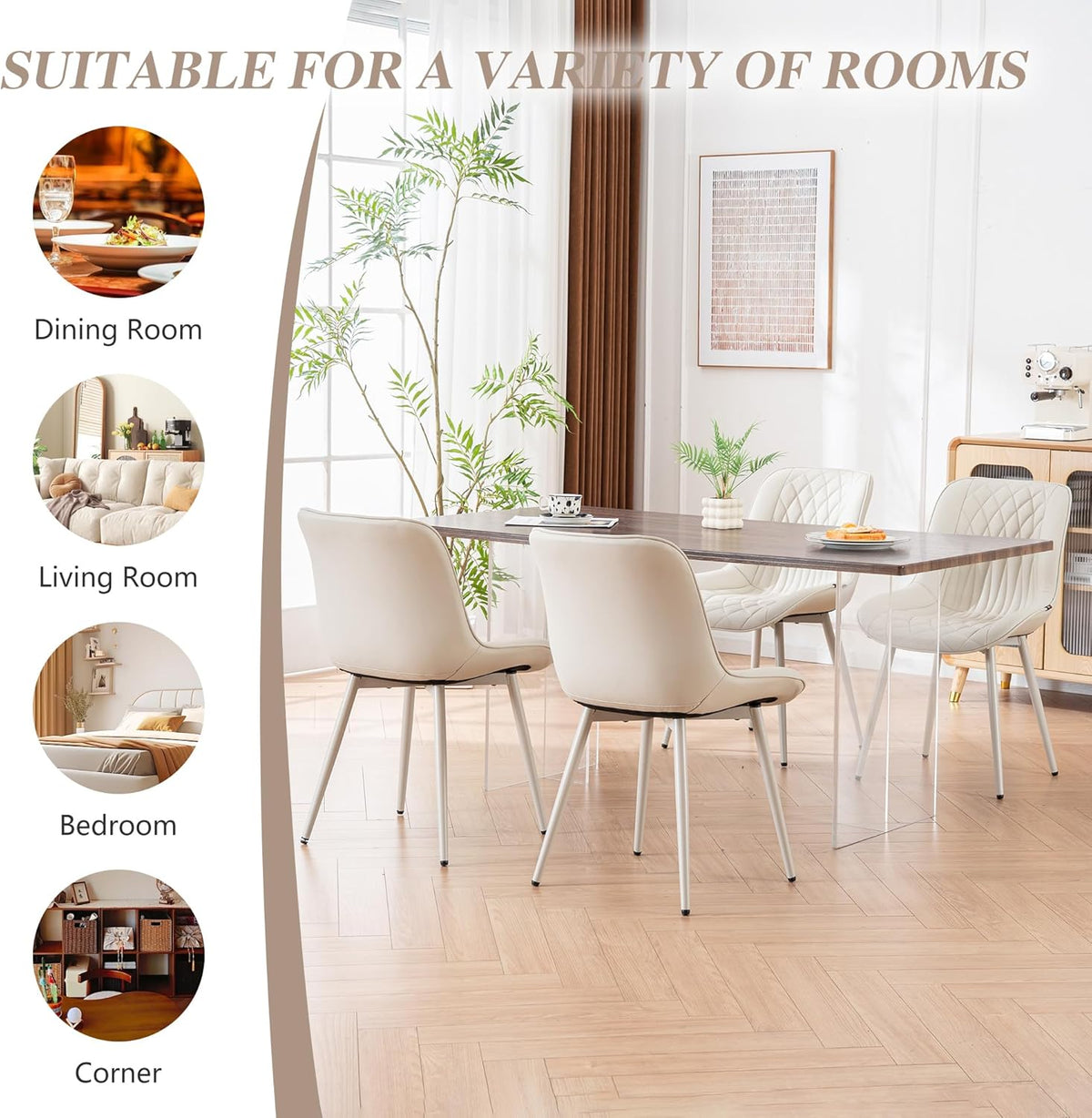 YOUNIKE Dining Chair, 1 each, with High Backs Mid Century Modern Kitchen & Dining Room Chairs Faux Leather Upholstered Wide Accent Chair Comfortable Padded Living Waiting Room Chair Cream All Cream Modern