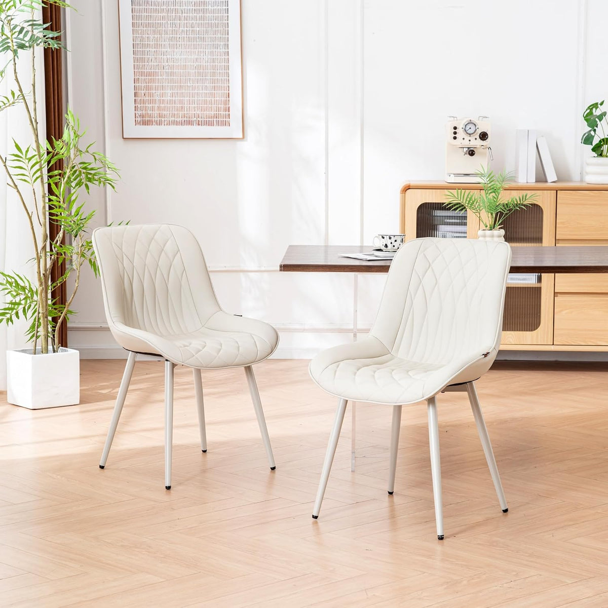 YOUNIKE Dining Chair, 1 each, with High Backs Mid Century Modern Kitchen & Dining Room Chairs Faux Leather Upholstered Wide Accent Chair Comfortable Padded Living Waiting Room Chair Cream All Cream Modern