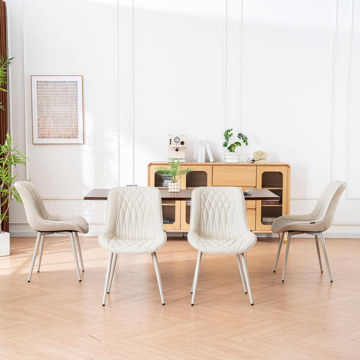 YOUNIKE Dining Chair, 1 each, with High Backs Mid Century Modern Kitchen & Dining Room Chairs Faux Leather Upholstered Wide Accent Chair Comfortable Padded Living Waiting Room Chair Cream All Cream Modern