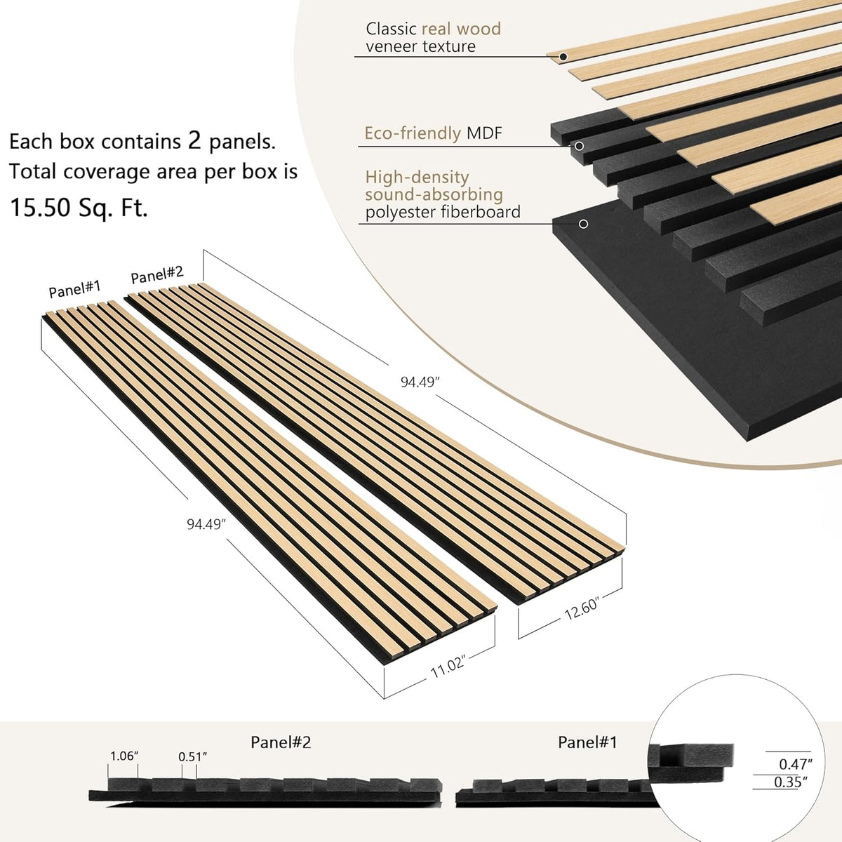 3D Acoustic Wood Veneer Slat Wall Panels for Interior Wall and Ceilings Panels,Sound-Absorbing Felt Board, Sound Proof Decorative Panels,94.49” x 23.62”Each Box Coverage,2 Pack,Natural Oak