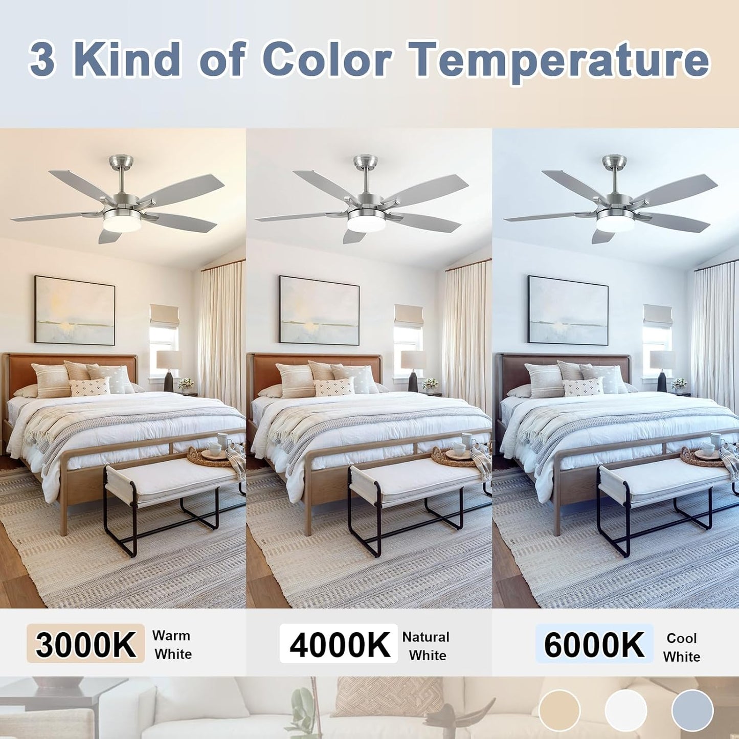 Ceiling Fans with Lights, 52 Inch Silver Ceiling Light with Fan and Remote Control, Quiet 5 Blades 4 Timer 6 Speeds