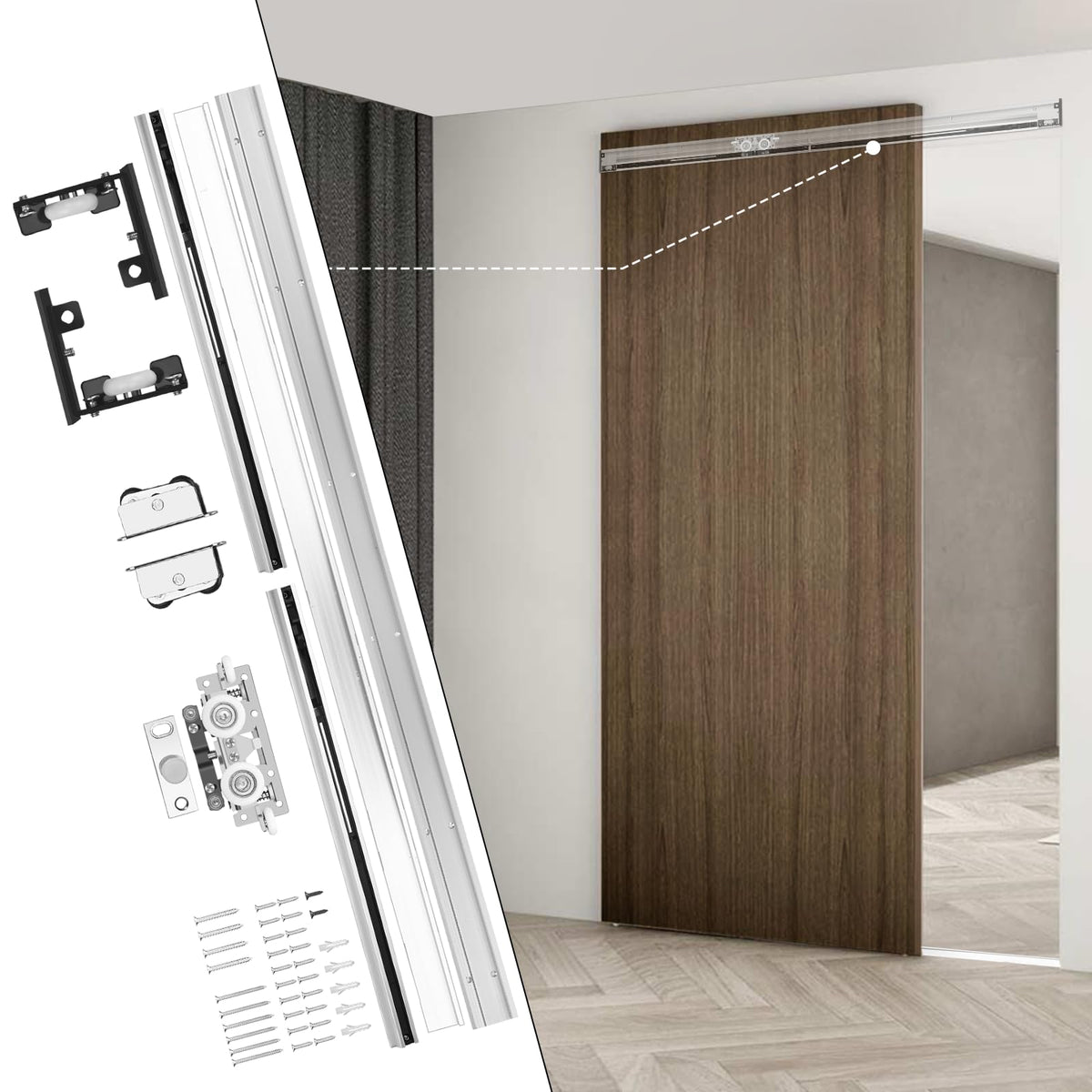 36-48" Heavy Duty Hidden Sliding Barn Door Hardware and Track, Floating Door System, Floating Wall Mount, Soft Close, Quiet and Smooth, Easy to Install (Can be Installed on Doors up to 48")