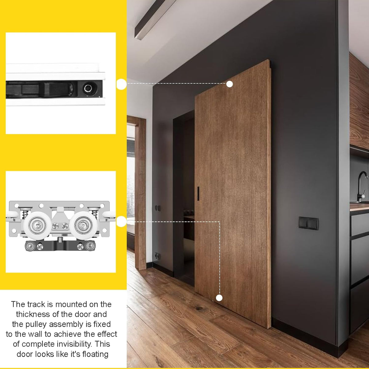 36-48" Heavy Duty Hidden Sliding Barn Door Hardware and Track, Floating Door System, Floating Wall Mount, Soft Close, Quiet and Smooth, Easy to Install (Can be Installed on Doors up to 48")
