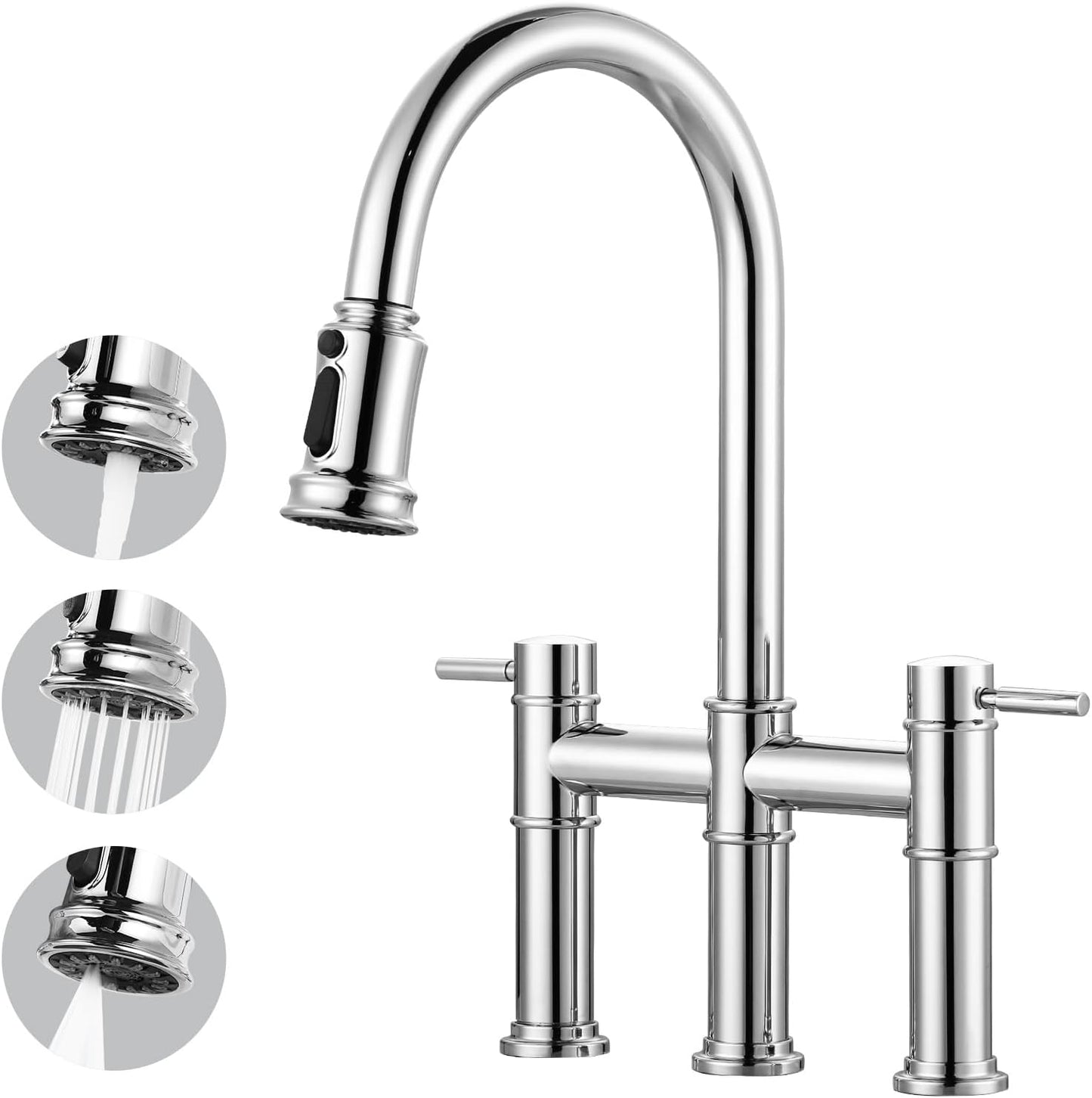 Bridge Kitchen Faucet with Pull Down Sprayer: Chrome Kitchen Sink Faucet 3 Holes 2 Handles with Supply Lines, 8.8 Inch Deck M