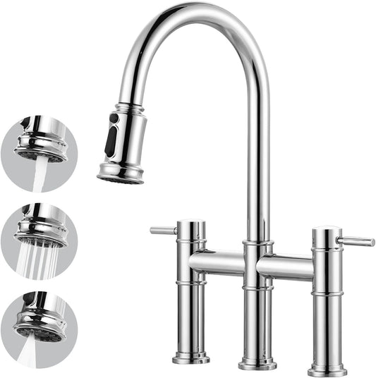 Bridge Kitchen Faucet with Pull Down Sprayer: Chrome Kitchen Sink Faucet 3 Holes 2 Handles with Supply Lines, 8.8 Inch Deck M