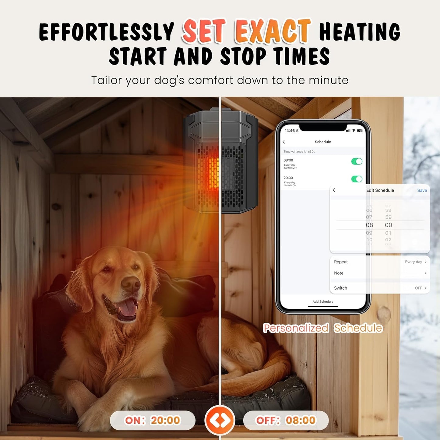 Dog House Heater with Thermostat, 500W Dog Heater APP WIFI Control, Dog House Heaters for Outside Dog House Outdoor with 6.5FT External Temperature