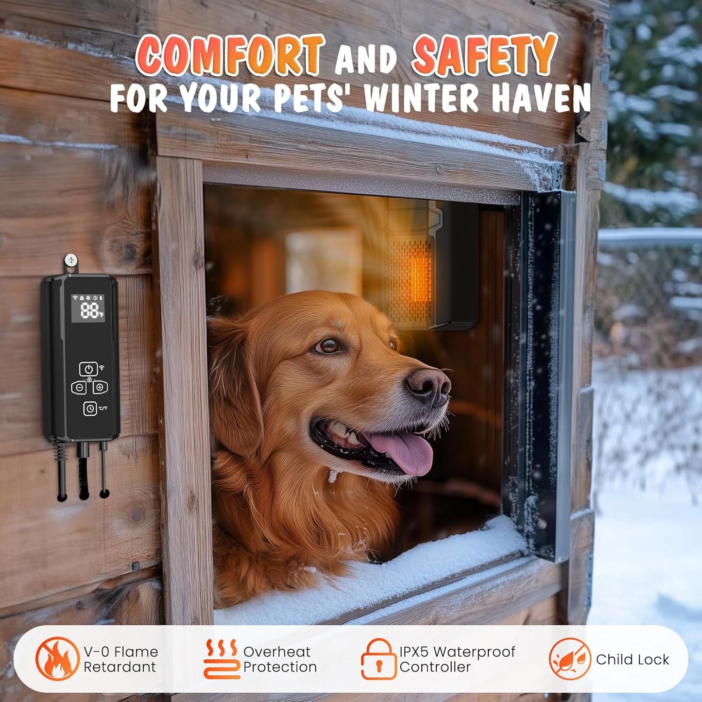 Dog House Heater with Thermostat, 500W Dog Heater APP WIFI Control, Dog House Heaters for Outside Dog House Outdoor with 6.5FT External Temperature