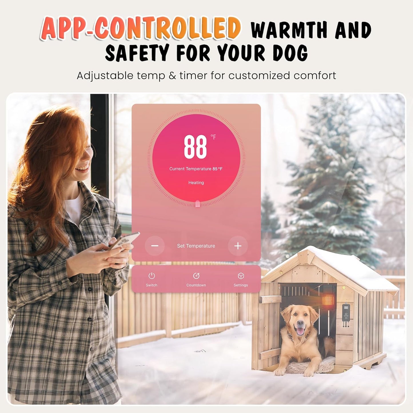 Dog House Heater with Thermostat, 500W Dog Heater APP WIFI Control, Dog House Heaters for Outside Dog House Outdoor with 6.5FT External Temperature